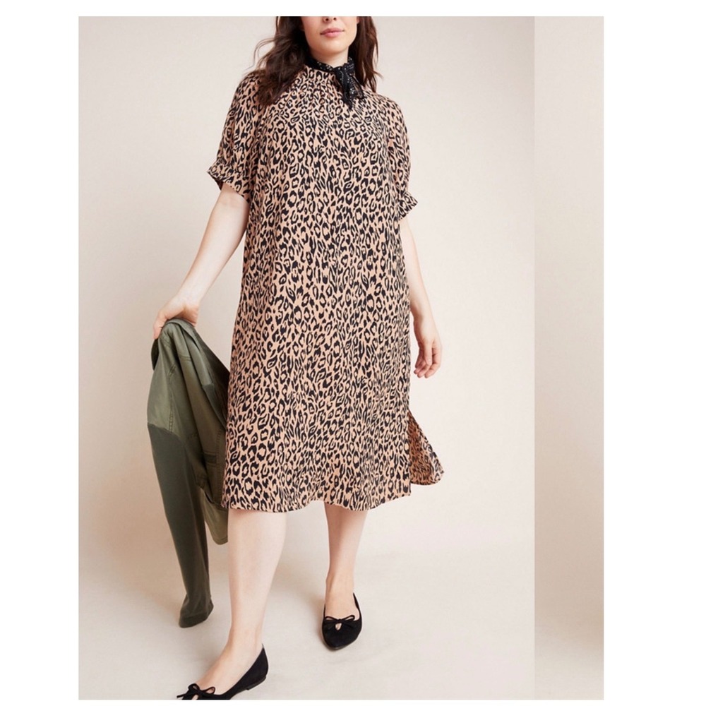 Anthropologie McKenzie Leopard Print Dress 1X Plus Animal Midi Boho Whimsical